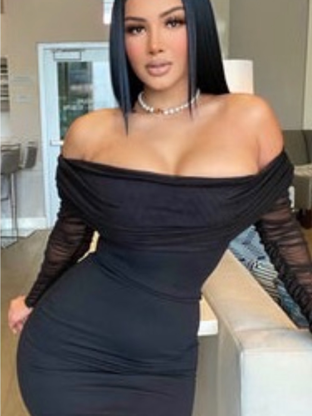 Fashion Nova Off-Shoulder Black Mesh Sleeve Tunic